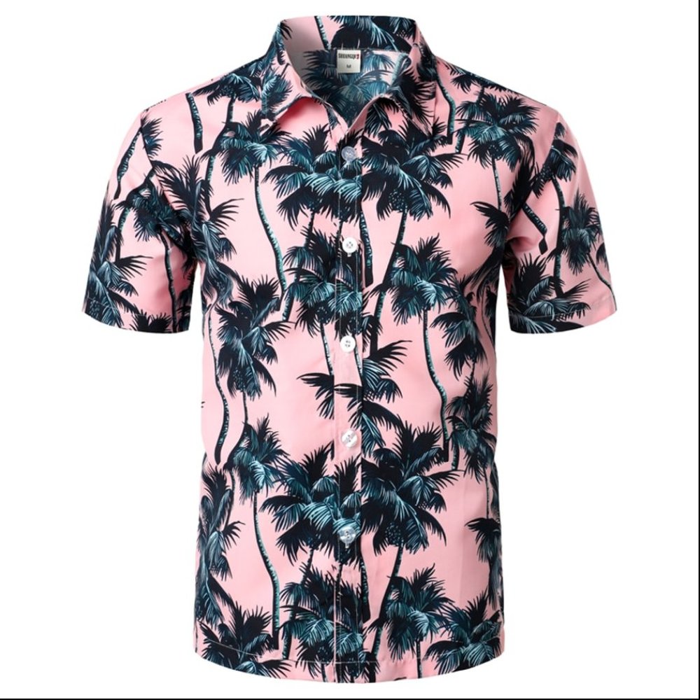 Pink Hawaiian Beach Short Sleeve Shirt Men Summer Fashion